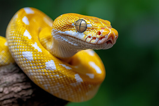 A close-up of a vibrant yellow python with intricate scales, coiled around a tree branch.
