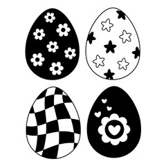 Retro Groovy Easter eggs clipart set. Black and white Easter doodle in cartoon flat style. Hand draw vector illustration
