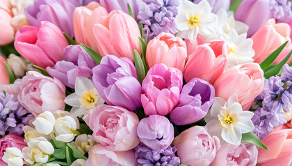 Colorful floral display with pastel tulips and daffodils for spring themed content