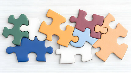 Obraz premium Colorful jigsaw puzzle pieces assembled on a light wood background; for teamwork