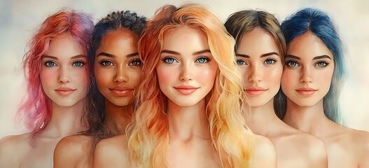 Obraz premium Lineup of Five Women with Vibrant Hair Colors Ranging from Pink to Blue Showcasing Diversity in Style and Expression
