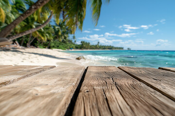 Fototapeta premium A rustic wooden deck with a tropical beach in the background, palm trees, white sand, and blue ocean waves.
