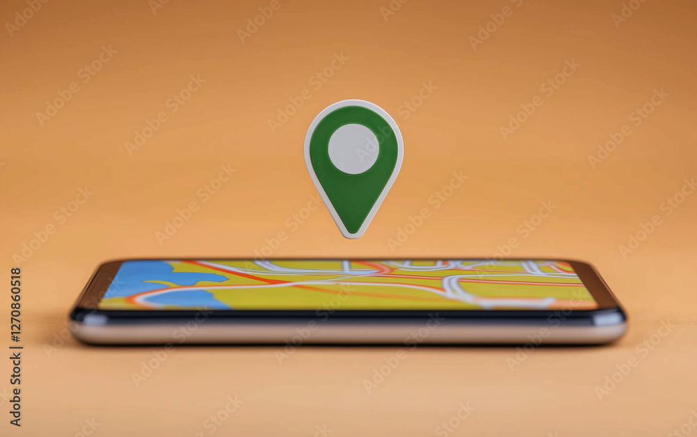 Poster Smartphone displaying map with location pin above it on orange background. Map on smartphone screen showing location. Location pin above smartphone with map