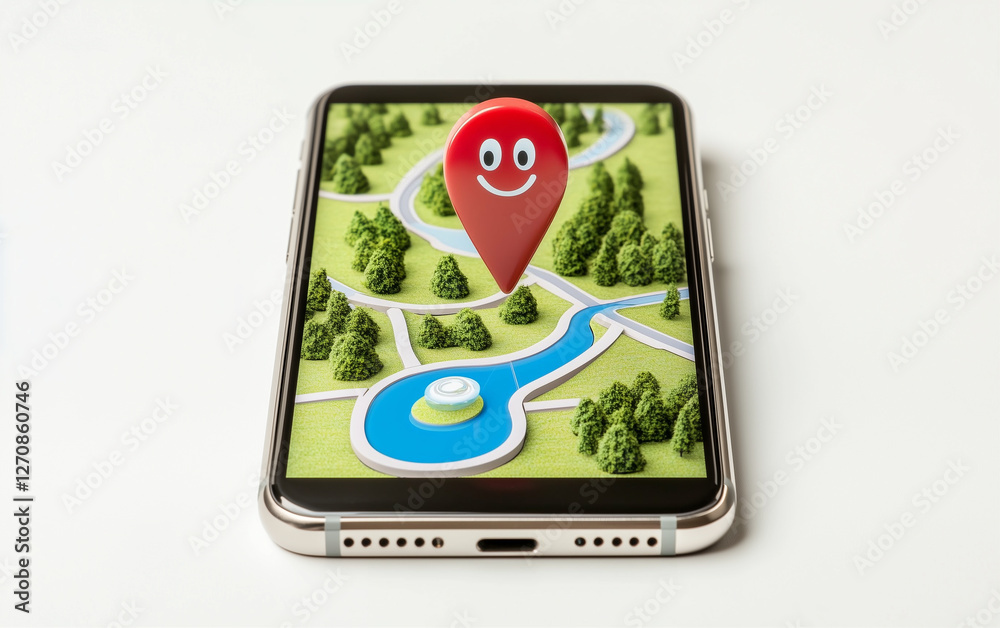 Poster Smartphone displays map with location pin. Map on smartphone screen shows location with trees and river. Location pin with smiling face on smartphone screen