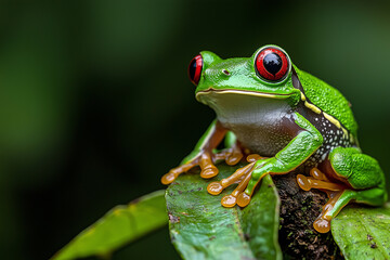 Fototapeta premium A vibrant red-eyed tree frog with striking green skin perched on a leaf against a soft-focus rainforest background.