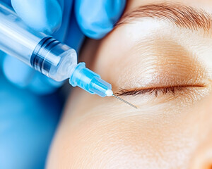 Cosmetic injection near woman's eye for wrinkle removal, skincare, rejuvenation