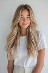 A young blonde woman with long wavy hair, soft makeup, and a radiant smile against a neutral background.