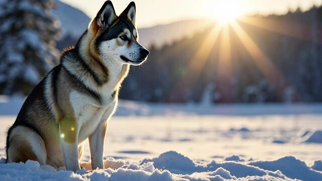 4k footage of a husky dog in the snow in the north