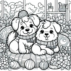 Obraz premium Coloring book puppy friends in a cozy spot! Simple line art, perfect for coloring or friendship designs. Ai generative