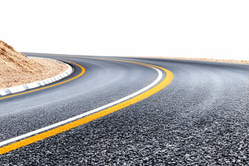 Curving empty road for journey, travel, or transportation. White background use