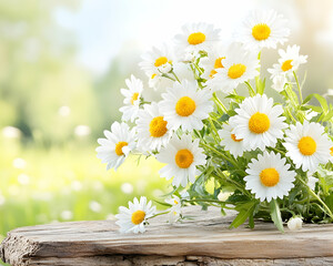 Obraz premium Daisies bloom on rustic wood table, sunny meadow background, spring celebration