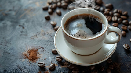 A steaming cup of coffee on a textured surface surrounded by scattered coffee beans and powder