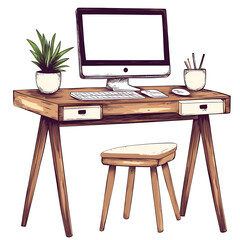 Fototapeta premium Workspace with Computer Setup and Potted Plant on Desk Interior Illustration Modern Design