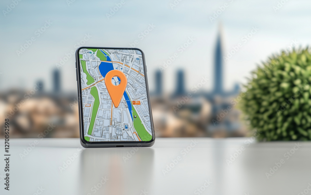 Poster Smartphone displaying map with location pin on screen against blurred cityscape. Mobile phone showing map application with location marker for navigation on city background
