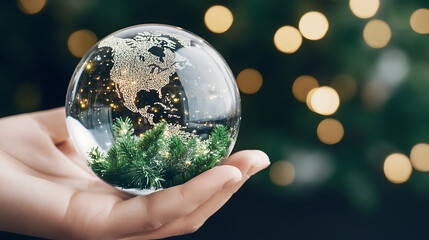 Fototapeta premium World Globe in Hand Showing North America Sparkles with Festive Holiday Christmas Atmosphere