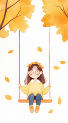 girl with glasses swings among autumn leaves