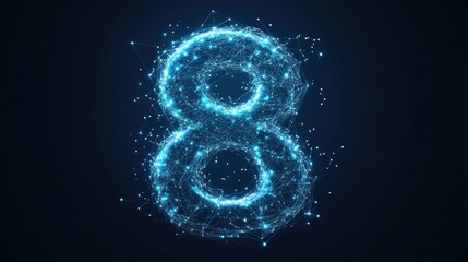 Digital representation of the number eight composed of glowing blue particles and interconnected lines in a dark background