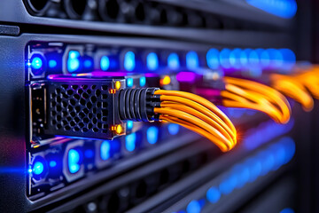 Datacenter servers, glowing lights, cables plugged for data transfer, network usage