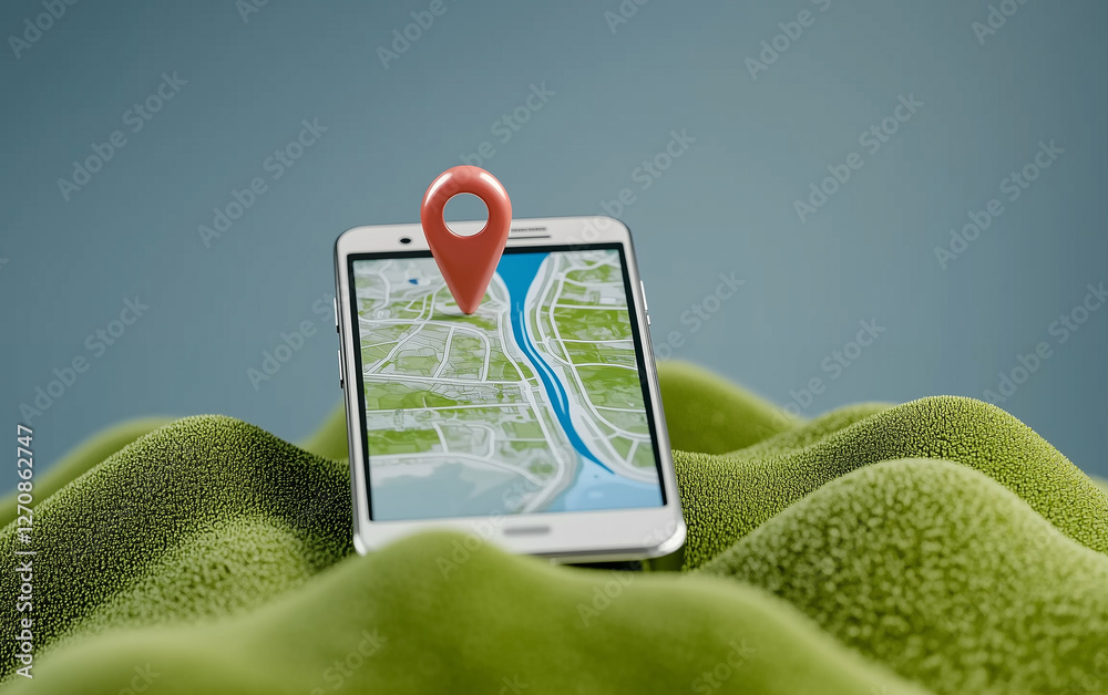 Poster Smartphone displaying mobile map with location marker on green surface. Mobile map application showing location on smartphone screen. Location marker on mobile map