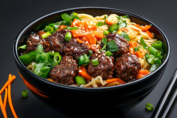 Fototapeta premium Delicious bowl of Asian-inspired ramen with meatballs, carrots and green onions
