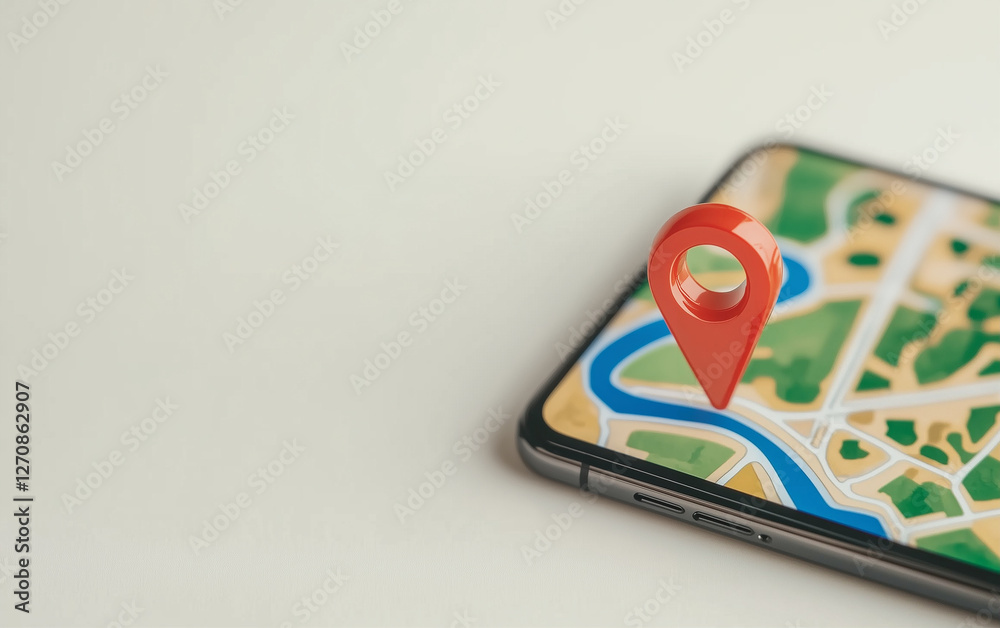 Poster smartphone with map pin displaying location on a map. red map pin on smartphone screen showing a cit