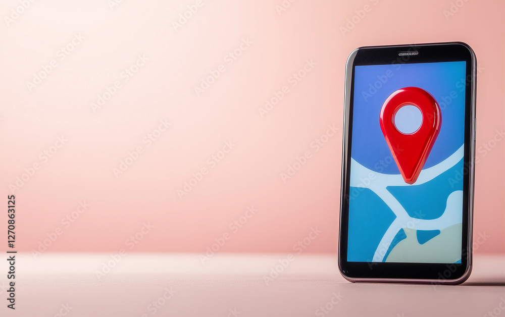 Poster smartphone with location map on screen displays red location pin icon. mobile phone showing map and 