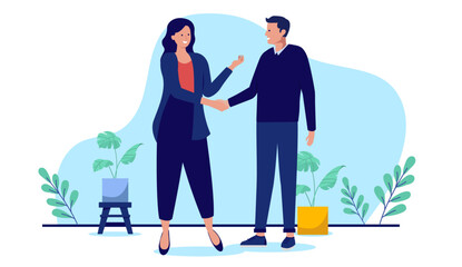 Man and woman handshake - Two businesspeople male and female shaking hands over deal and business agreements forming partnership for company. Flat design vector illustration on white background