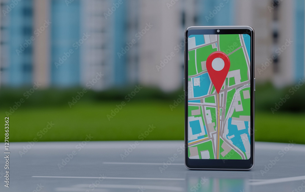 Poster smartphone displaying map with location pin on screen showcases location tracking and smartphone map
