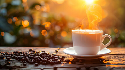 A steaming cup of coffee on a wooden table with scattered beans, illuminated by sunset glow