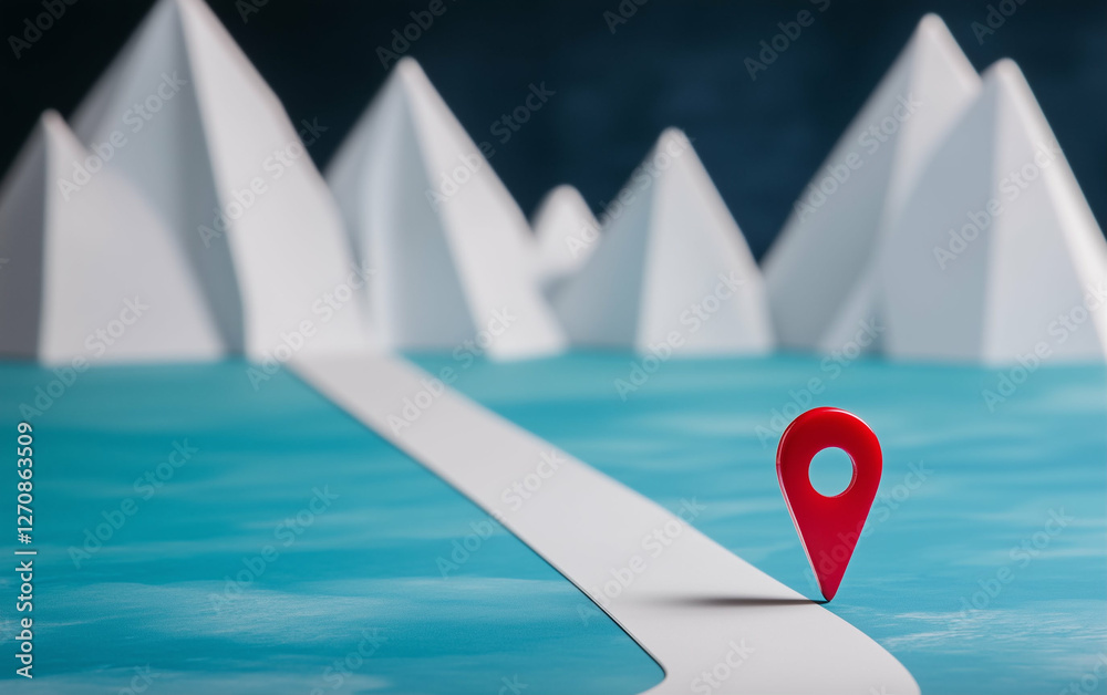 Poster map marker on path in water with mountains. travel marker on location map points the way forward. lo