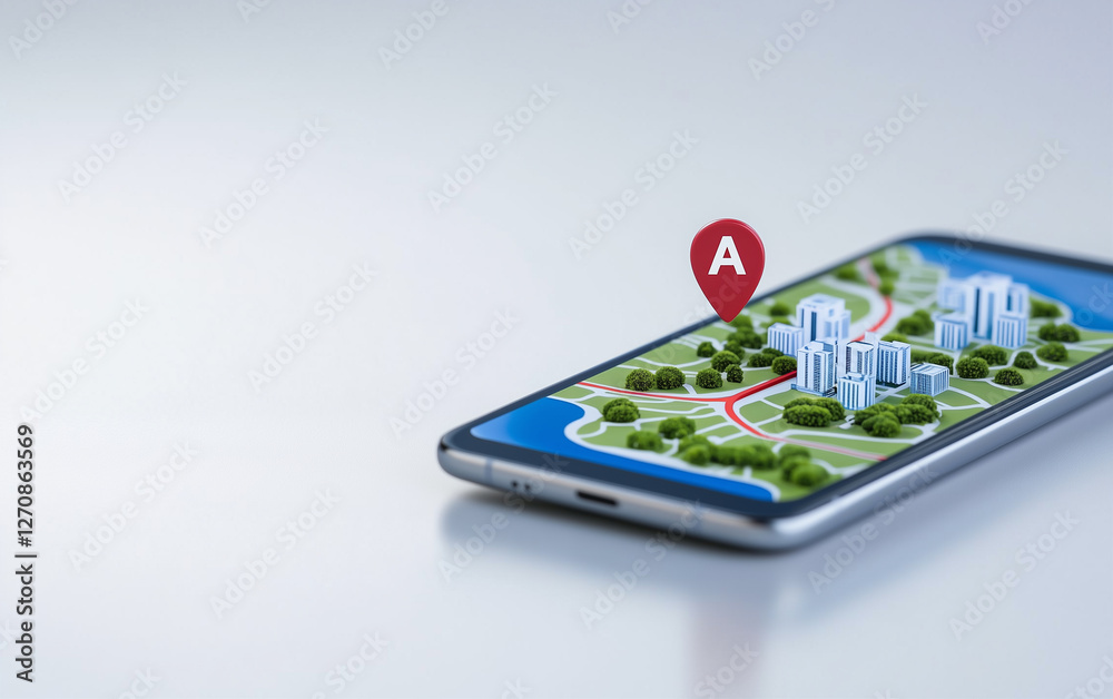 Poster smartphone displaying city map with location pin. map on smartphone screen showing city with buildin