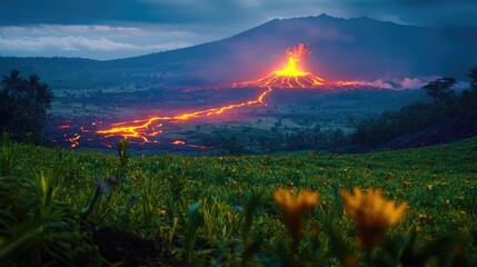 Volcanic landscapes concept. Majestic volcano erupts, glowing lava flows through vibrant green landscape under dark skies.