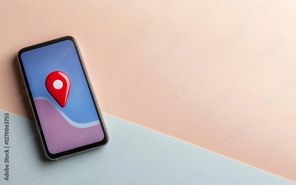Poster smartphone with location icon on screen displaying map location on blue and peach background. smartp
