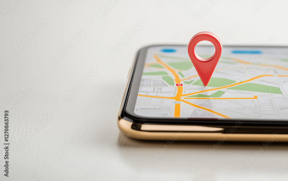 Poster Smartphone displaying map with location pin. Red location pin on smartphone screen showing map. Smartphone with map and location pin for navigation