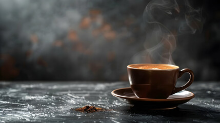 Steaming cup of coffee on a dark countertop with scattered coffee grounds and a misty background