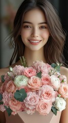 Naklejka premium Smiling woman holding a bouquet of pastel roses in a soft light setting during a floral-themed event