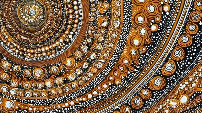 A unique Aboriginal-inspired dot painting showcasing a dreamlike vision of buildings in traditional earthy tones.