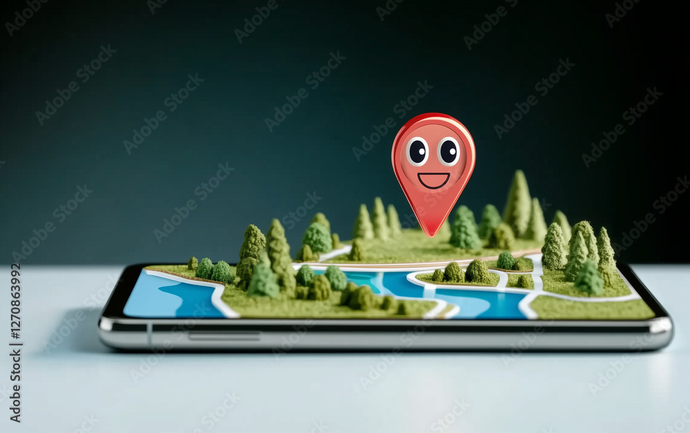 Poster smartphone displaying 3d landscape map with trees and rivers and red location pin with smiling face.