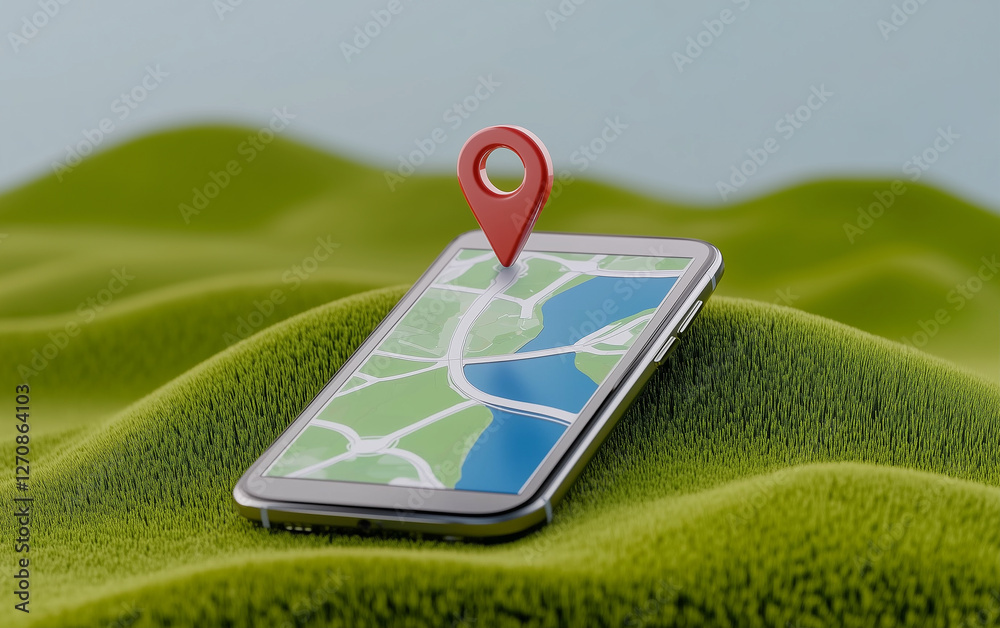Poster smartphone with mobile map and gps navigation on green hills. mobile map on smartphone display with 