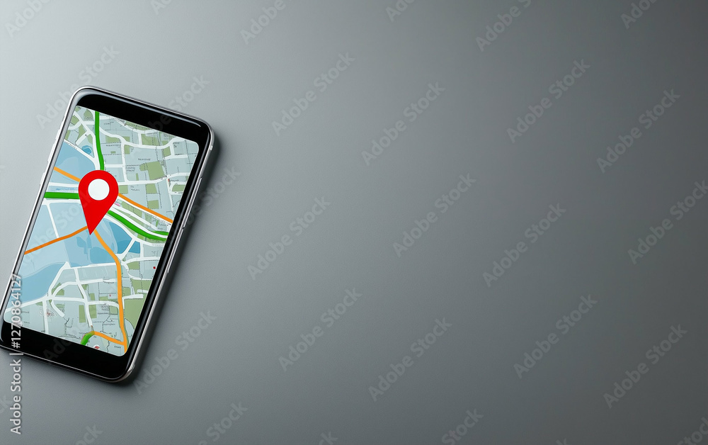 Poster Smartphone displaying map with location pin for location tracking. Smartphone map shows navigation with location pin on the screen