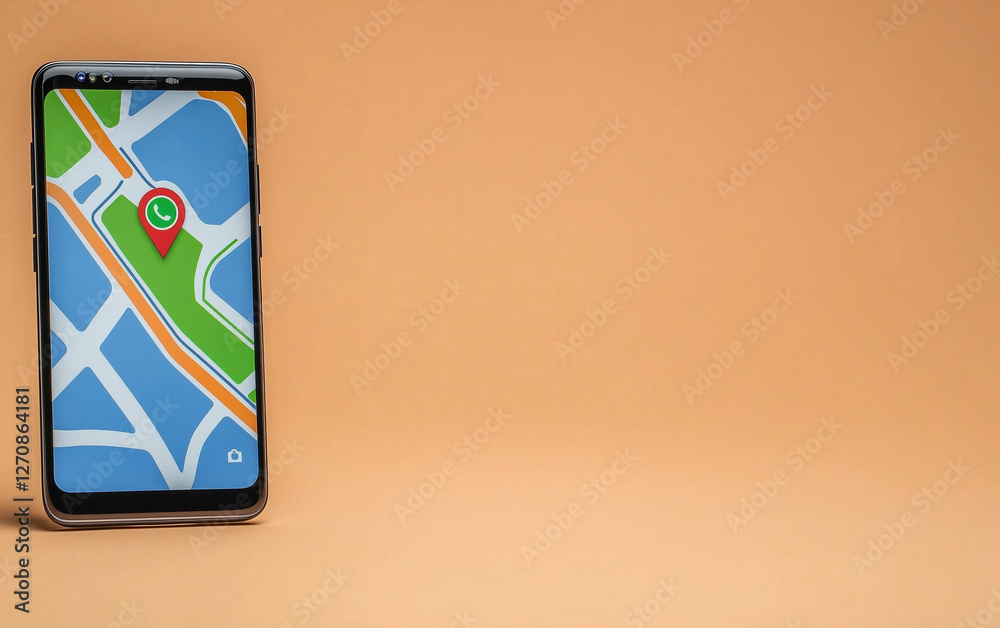 Poster Smartphone displaying map with location pin. Mobile phone showing map application. Smartphone with map and location marker