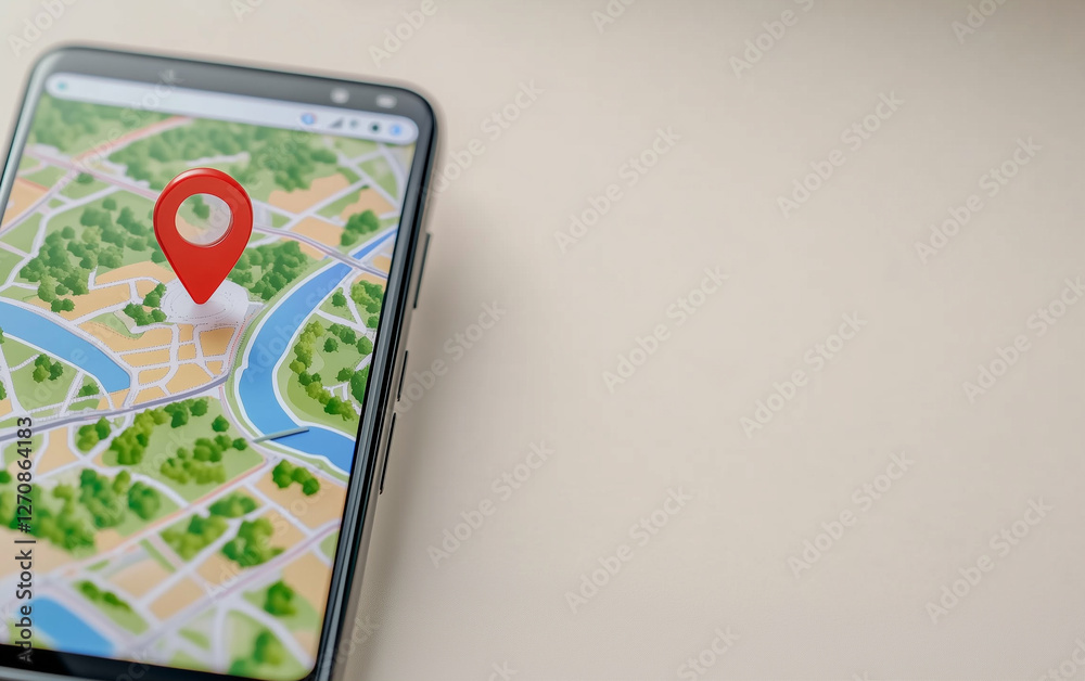 Poster Smartphone displaying map with location pin. Map on smartphone screen shows location with red pin marker on map. Smartphone map
