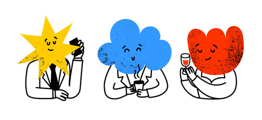 Abstract characters. Geometric comic creature emotions. Funny face business team avatar with phone, coffee, glass of wine, vector set.