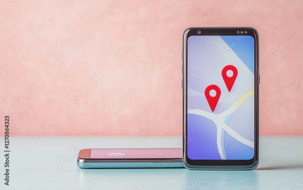 Poster smartphones with map and location pin on screen showing mobile navigation. mobile phones showing map