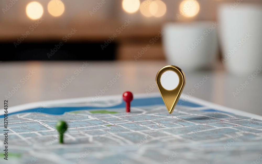 Poster Map with location marker and pins on a table. Location marker on a map with pins indicates a specific destination