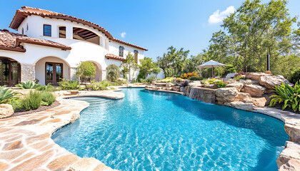 Fototapeta premium Elegant villa with pool in the backyard. Sunny day. Lush vegetation behind