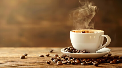 Steaming cup of coffee on wooden table surrounded by coffee beans with a warm background