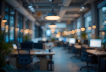 Fototapeta premium A blurred image of a modern office space enveloped in soft, ambient lighting, providing a peaceful and productive workspace environment. 