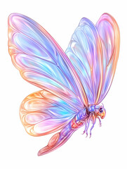Ethereal butterfly with iridescent wings fluttering on white for use in fantasy art
