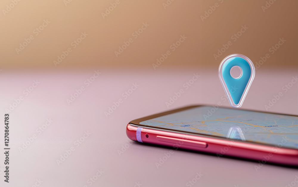 Poster Smartphone with map application and location pin on screen. Mobile phone displaying map and location. Smartphone with location pin